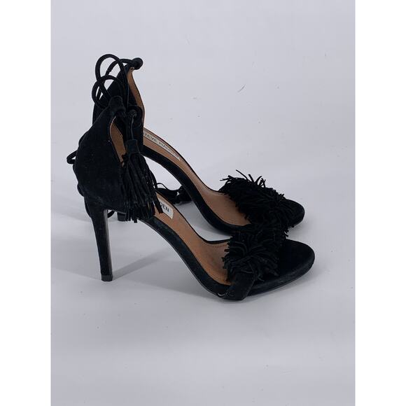 STEVE MADDEN Women's Black Leather Sassey Fringe Gladiator Stiletto Heels SZ 6.5 - Picture 2 of 10